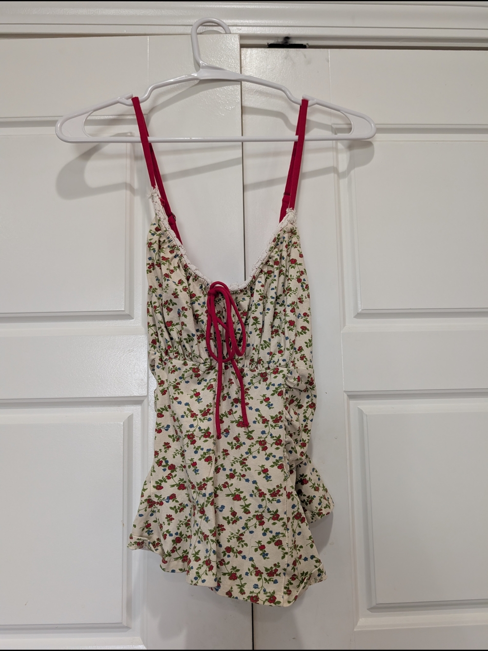 Free People Floral Ditsy Print Lace Trim Cami Top Cream Red Size M